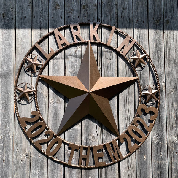 LARKIN STYLE CUSTOM STAR NAME BARN METAL STAR 3d TWISTED ROPE RING WESTERN HOME DECOR RUSTIC  BRONZE HANDMADE 24",32",34",36",40",42",44",46",50"