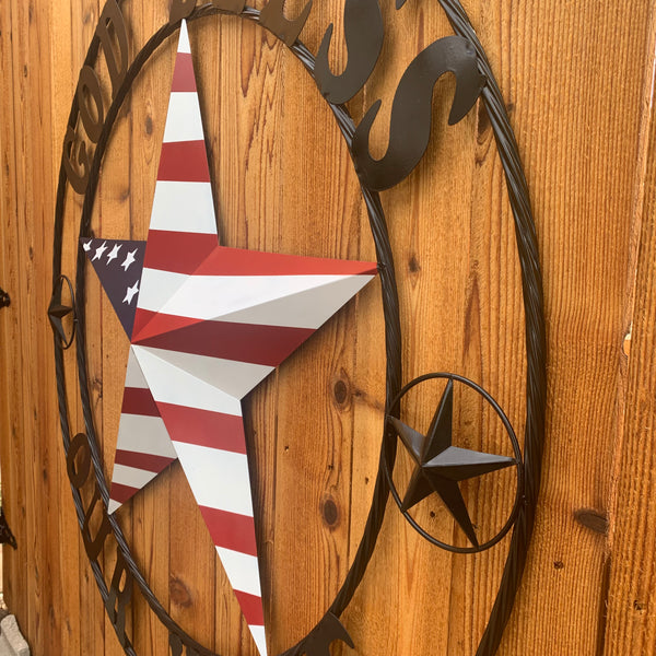 GOD BLESS OUR HOME USA FLAG STAR METAL BARN STAR TWISTED ROPE RING WALL ART WESTERN HOME DECOR RUSTIC RED WHITE & BLUE WITH BLACK RING HANDMADE NEW