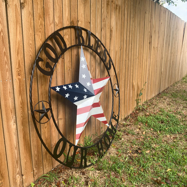 GOD BLESS OUR HOME USA FLAG STAR METAL BARN STAR TWISTED ROPE RING WALL ART WESTERN HOME DECOR RUSTIC RED WHITE & BLUE WITH BLACK RING HANDMADE NEW