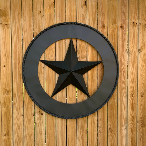 36" RUSTIC BLACK LONE STAR WIDE BAND RING TWISTED ROPE RING METAL STAR WALL ART WESTERN HOME DECOR HANDMADE NEW