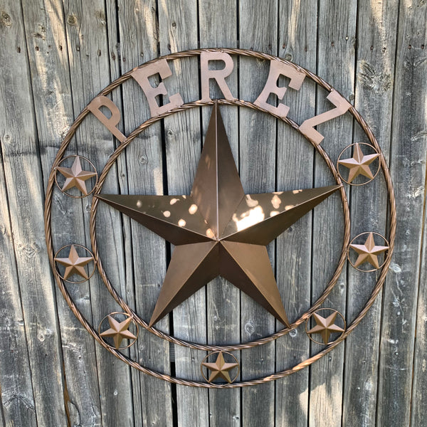 PEREZ CUSTOM STAR NAME BARN METAL STAR 3d TWISTED ROPE RING WESTERN HOME DECOR RUSTIC  BRONZE HANDMADE 24",32",34",36",40",42",44",46",50"