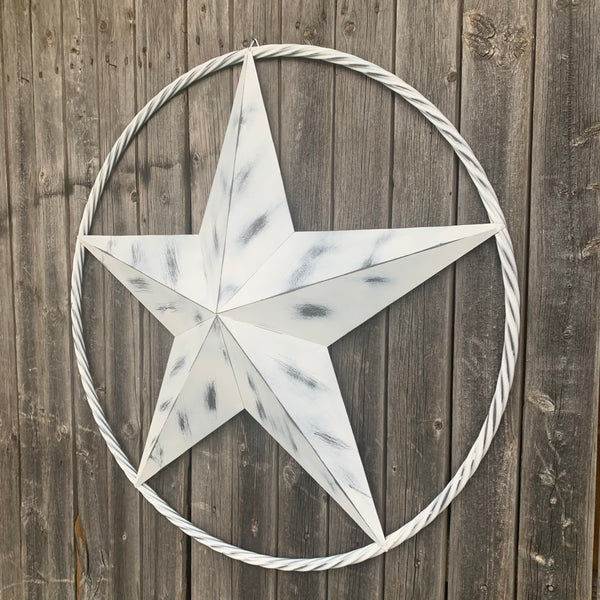 WHITE DISTRESSED STAR STYLE# 1 RUSTIC BARN LONE STAR ROPE RING METAL WALL ART