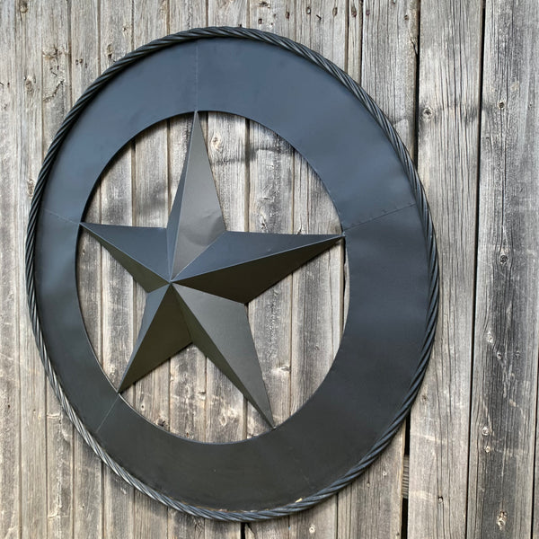 36" RUSTIC BLACK LONE STAR WIDE BAND RING TWISTED ROPE RING METAL STAR WALL ART WESTERN HOME DECOR HANDMADE NEW