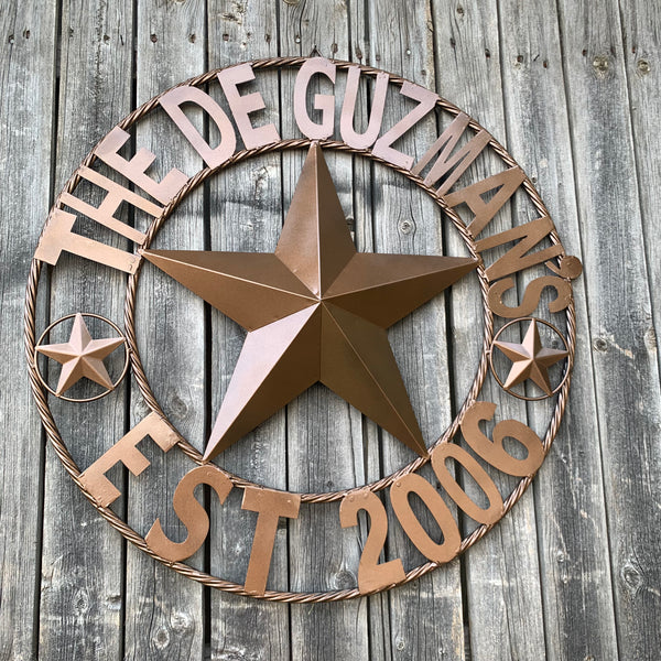 GUZMAN STYLE CUSTOM STAR NAME BARN METAL STAR 3d TWISTED ROPE RING WESTERN HOME DECOR RUSTIC  BRONZE HANDMADE 24",32",34",36",40",42",44",46",50"