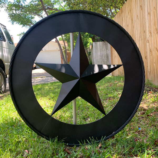 36" RUSTIC BLACK LONE STAR WIDE BAND RING TWISTED ROPE RING 3d METAL STAR WALL ART WESTERN HOME DECOR HANDMADE NEW #EH11879