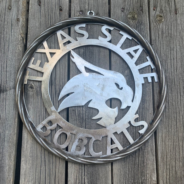 12" TEXAS STATE BOBCATS CUSTOM RAW METAL VINTAGE CRAFT SIGN TEAM ART HANDMADE IN TEXAS