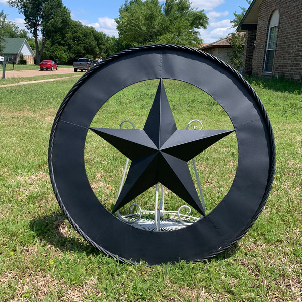 36" RUSTIC BLACK LONE STAR WIDE BAND RING TWISTED ROPE RING METAL STAR WALL ART WESTERN HOME DECOR HANDMADE NEW