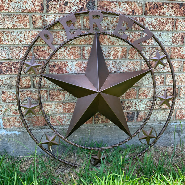 PEREZ CUSTOM STAR NAME BARN METAL STAR 3d TWISTED ROPE RING WESTERN HOME DECOR RUSTIC  BRONZE HANDMADE 24",32",34",36",40",42",44",46",50"