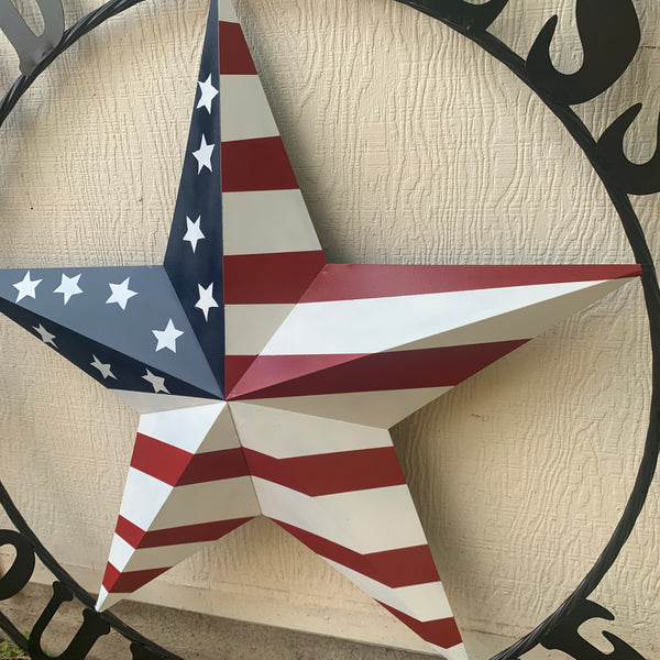 GOD BLESS OUR HOME USA FLAG STAR METAL BARN STAR TWISTED ROPE RING WALL ART WESTERN HOME DECOR RUSTIC RED WHITE & BLUE WITH BLACK RING HANDMADE NEW