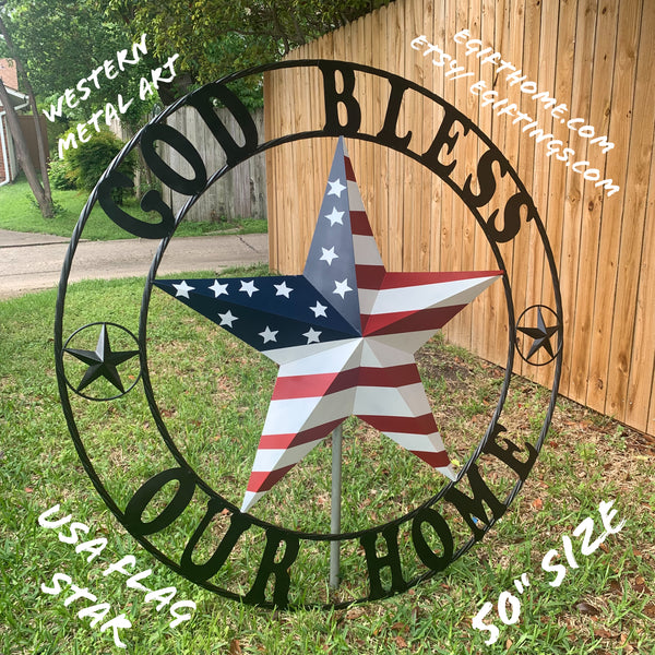 GOD BLESS OUR HOME USA FLAG STAR METAL BARN STAR TWISTED ROPE RING WALL ART WESTERN HOME DECOR RUSTIC RED WHITE & BLUE WITH BLACK RING HANDMADE NEW
