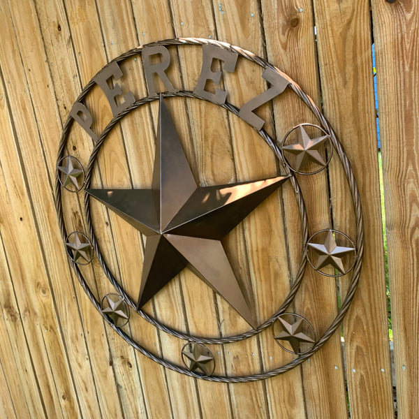 PEREZ CUSTOM STAR NAME BARN METAL STAR 3d TWISTED ROPE RING WESTERN HOME DECOR RUSTIC  BRONZE HANDMADE 24",32",34",36",40",42",44",46",50"