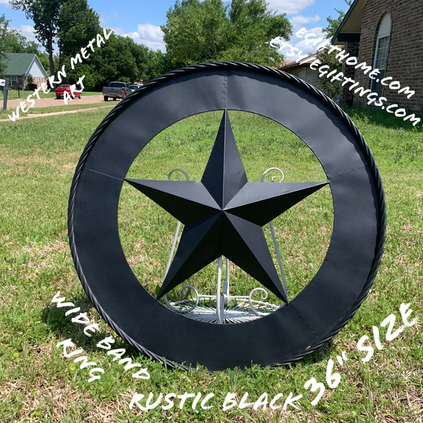 36" RUSTIC BLACK LONE STAR WIDE BAND RING TWISTED ROPE RING METAL STAR WALL ART WESTERN HOME DECOR HANDMADE NEW