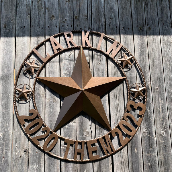 LARKIN STYLE CUSTOM STAR NAME BARN METAL STAR 3d TWISTED ROPE RING WESTERN HOME DECOR RUSTIC  BRONZE HANDMADE 24",32",34",36",40",42",44",46",50"