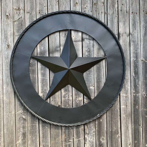 36" RUSTIC BLACK LONE STAR WIDE BAND RING TWISTED ROPE RING METAL STAR WALL ART WESTERN HOME DECOR HANDMADE NEW