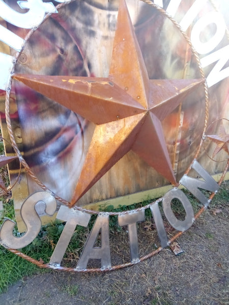 4,5,6 FOOT LARGE OVERSIZE CUSTOM NAME BARN METAL STAR 3d WITH TWISTED ROPE RING DESIGN METAL WALL ART WESTERN HOME DECOR VINTAGE RUSTIC BROWN NEW HANDMADE, 48",60",72" NEW HANDMADE