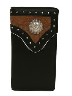 #SS WESTERN LONE STAR COWBOY CHECKBOOK BI FOLD MEN'S GENUINE LEATHER BLACK/TAN WALLET