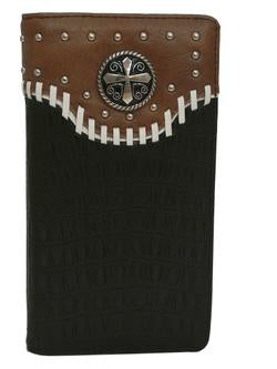 ITEM# SS WESTERN CROSS CHECKBOOK BI FOLD MEN'S GENUINE LEATHER BLACK/TAN WALLET