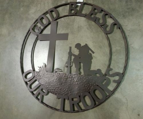 SI_F142002 GOD BLESS OUR TROOPS 24",32" PRAYING SOLDIER MILITARY METAL SIGN WESTERN HOME DECOR NEW