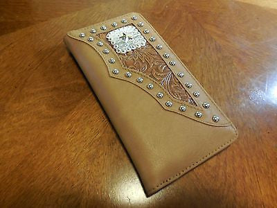 #WS WESTERN STAR CHECKBOOK BI FOLD MEN'S & WOMEN'S GENUINE LEATHER TAN WALLET