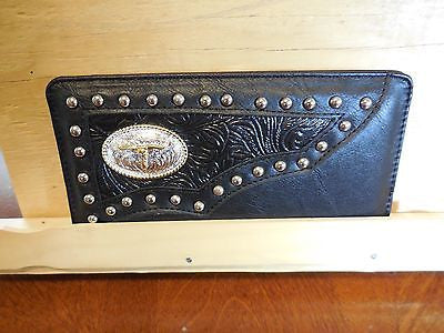 #SS TEXAS LONGHORN CHECKBOOK BI FOLD MEN'S & WOMEN'S GENUINE LEATHER BLACK WALLET