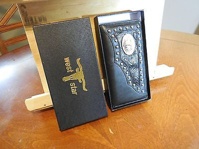 #SS TEXAS LONGHORN CHECKBOOK BI FOLD MEN'S & WOMEN'S GENUINE LEATHER BLACK WALLET