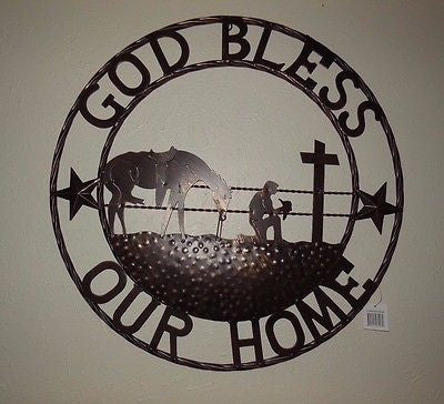 #SI_BC2116 24",32" GOD BLESS OUR HOME COWBOYS PRAYER CHURCH METAL SIGN WESTERN HOME DECOR HANDMADE NEW