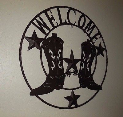 24" WELCOME COWBOY COWGIRL BOOT STARS METAL WALL WESTERN HOME DECOR NEW