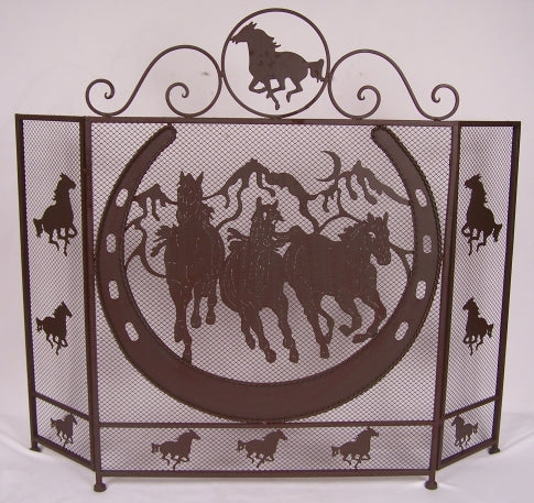 #DE21264 HORSES METAL HORSE HORSE SHOE FIRE SCREEN,  40.5"X33.5"