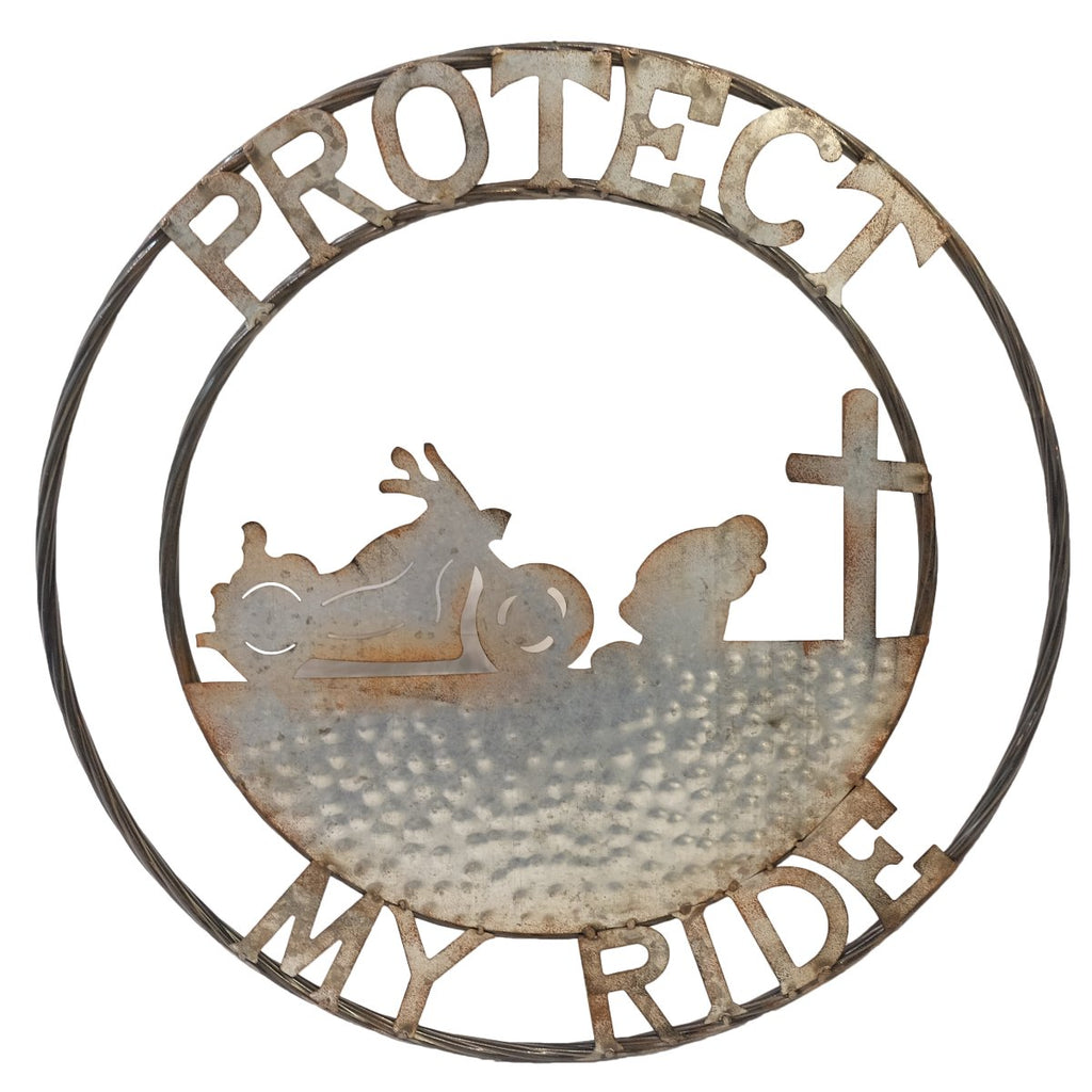 #DE22279 MOTORCYCLE 24" PROTECT MY RIDE HARLEY DAVIDSON CROSS PRAYER METAL SIGN WESTERN HOME DECOR HANDMADE BRAND NEW