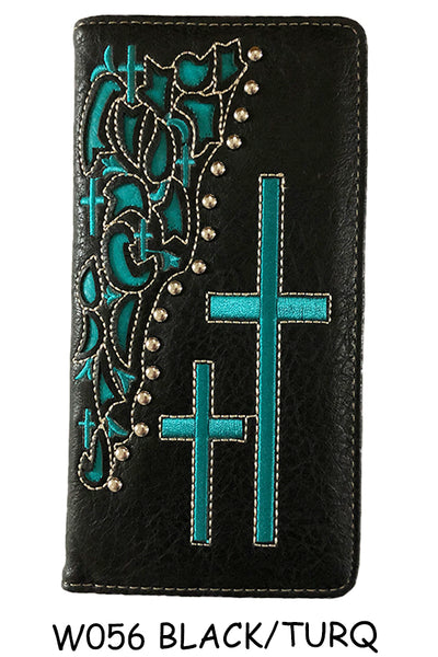 ITEM#SS_W056 CROSS BLACK & TURQUOISE CROSS CHECK BOOK WALLET WESTERN CHECKBOOK BI FOLD MENS GENUINE LEATHER NEW