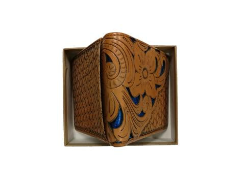 #WS WESTERN GENUINE BI FOLD LEATHER MEN'S SHORT WALLET BLUE/TAN NEW