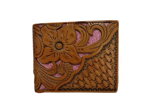 #WS WESTERN GENUINE BI FOLD LEATHER MEN'S SHORT WALLET PINK/TAN NEW