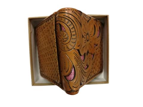 #WS WESTERN GENUINE BI FOLD LEATHER MEN'S SHORT WALLET PINK/TAN NEW