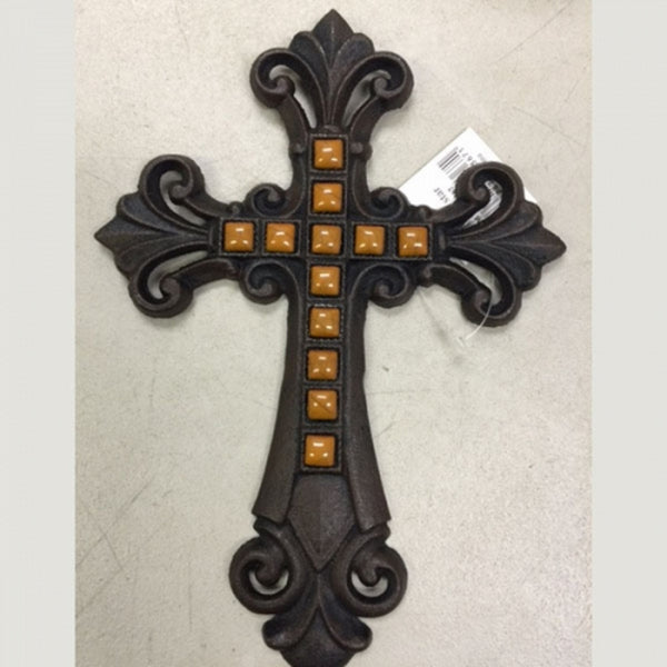 Orange Stones Fleur De Lis Cross Cast Iron Decorative Wall Cross Rustic Brown Decor #56367