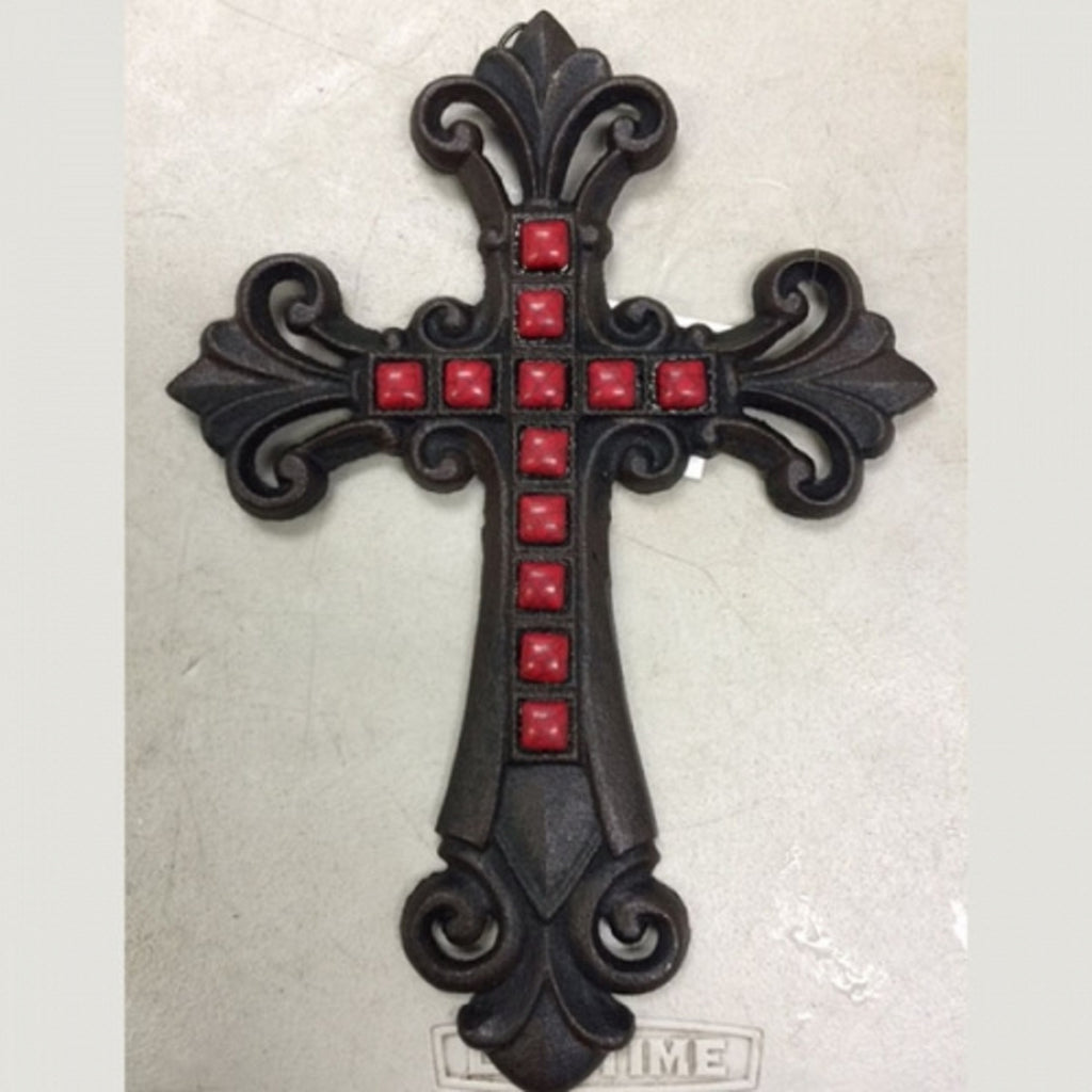 Red Stones Fleur De Lis Cross Cast Iron Decorative Wall Cross Rustic Brown Decor #56367-R