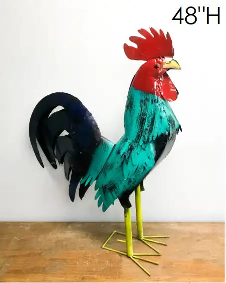 #34-041 RUSTIC TURQUOISE ROOSTER 20",30",40" CHICKEN GARDEN ANIMAL SCULPTURE METAL DECOR ORNAMENT HANDMADE