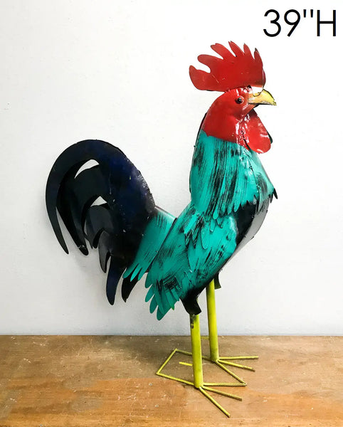 #34-041 RUSTIC TURQUOISE ROOSTER 20",30",40" CHICKEN GARDEN ANIMAL SCULPTURE METAL DECOR ORNAMENT HANDMADE