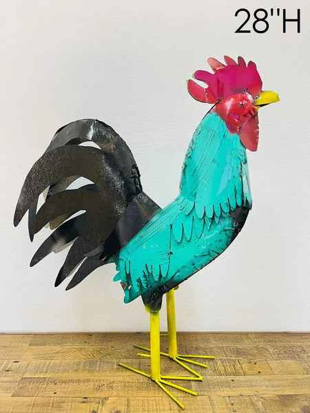 #34-041 RUSTIC TURQUOISE ROOSTER 20",30",40" CHICKEN GARDEN ANIMAL SCULPTURE METAL DECOR ORNAMENT HANDMADE