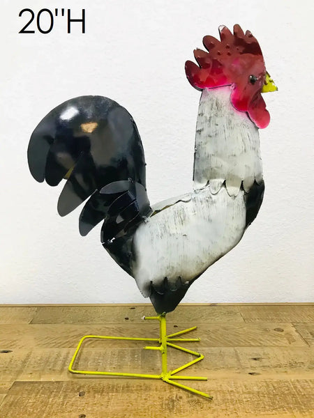 20",30",40" ROOSTER BLACK & WHITE GARDEN METAL ANIMAL SCULPTURE METAL DECOR ORNAMENT 16"L x 20" high