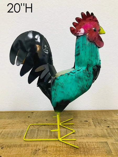 #34-041 RUSTIC TURQUOISE ROOSTER 20",30",40" CHICKEN GARDEN ANIMAL SCULPTURE METAL DECOR ORNAMENT HANDMADE
