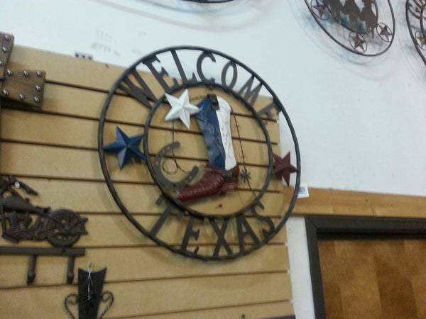 24" WELCOME TEXAS COWBOY COWGIRL BOOT METAL WALL DECOR WESTERN HOME DECOR RUSTIC RED WHITE BROWN NEW #EH11967
