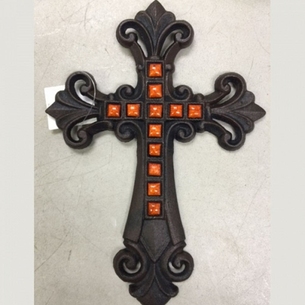 Orange Stones Fleur De Lis Cross Cast Iron Decorative Wall Cross Rustic Brown Decor #56367