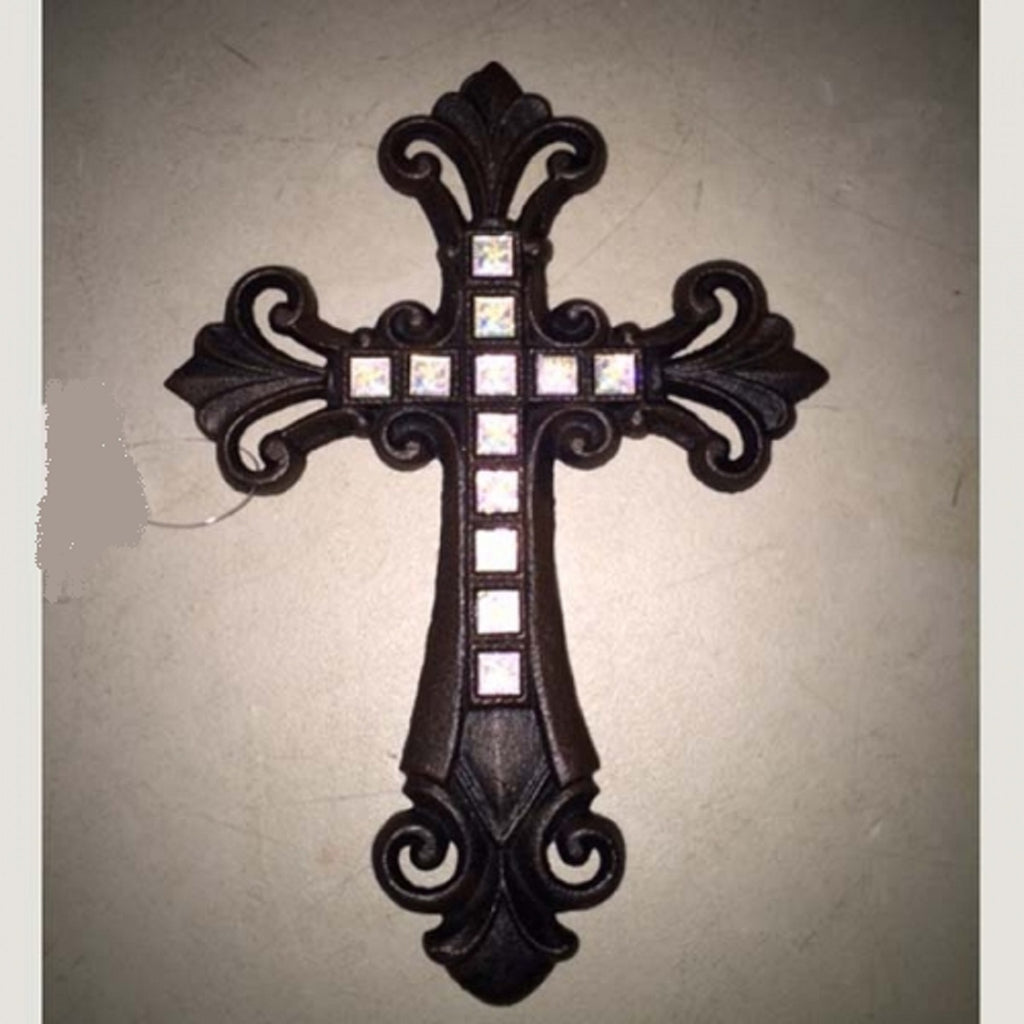 White Fleur De Lis Cross Cast Iron Decorative Wall Cross Rustic Brown Decor #56367-W