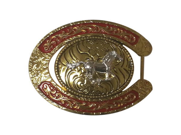 HORSE BELT BUCKLE GOLD SILVER & RED WESTERN BUCKLE FASHION ART NEW #EH12279