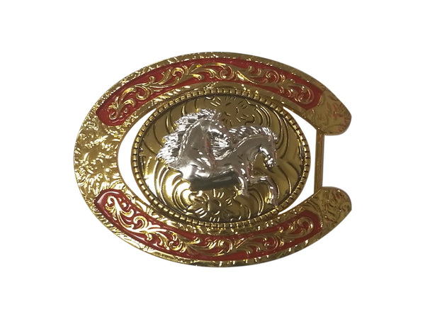 DOUBLE HORSE BELT BUCKLE WESTERN FASHION ART Item#6230-6-G-RED_WS BRAND NEW