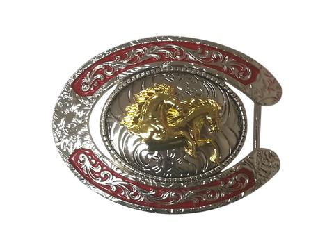 DOUBLE HORSE BELT BUCKLE GOLD SILVER RED WESTERN BUCKLE FASHION ART NEW #EH12281