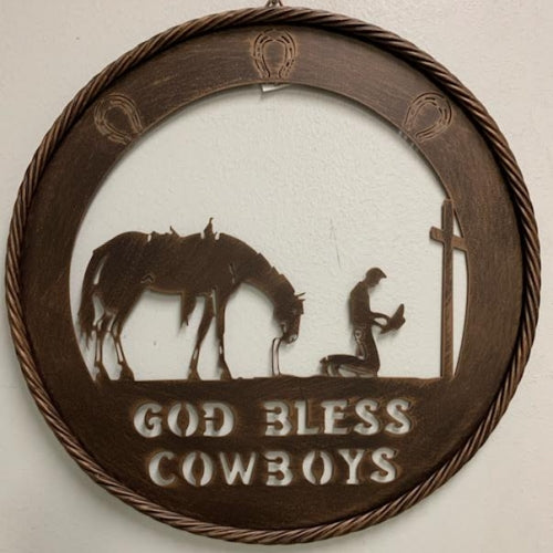 #SI_A18113 GOD BLESS COWBOYS PRAYING COWBOYS 18" SIGN METAL WALL ART WESTERN HOME DECOR HANDMADE NEW
