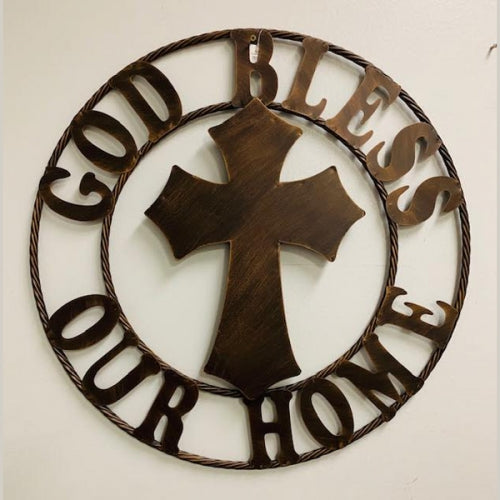 #SI_A19106 GOD BLESS OUR HOME CROSS 24" METAL SIGN WESTERN HOME DECOR HANDMADE NEW