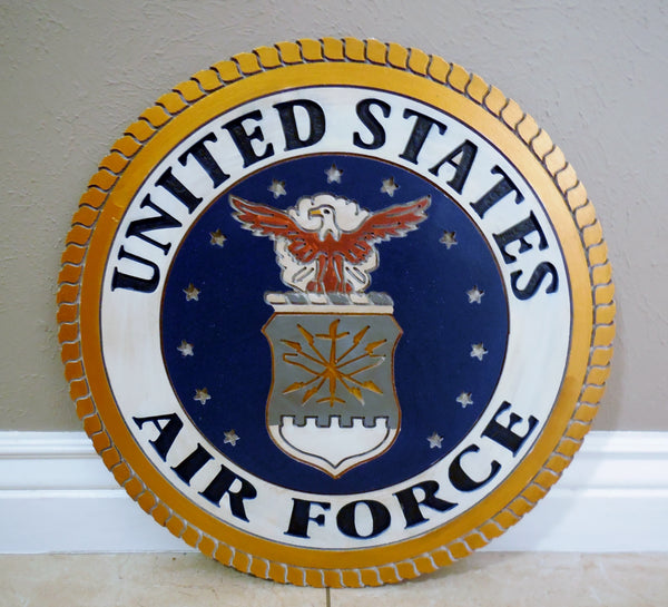 21" UNITED STATES AIR FORCE MILITARY HAND CARVED WOOD PLAQUE ART CRAFT WESTERN HOME DECOR AIRFORCE NAVY BLUE NEW