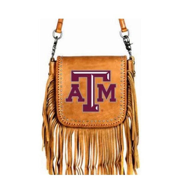 ITEM#MW_AT-003 TEXAS A&M AGGIES REAL GENUINE LEATHER FRINGE CROSSBODY HANDBAG WESTERN FASHION ART NEW